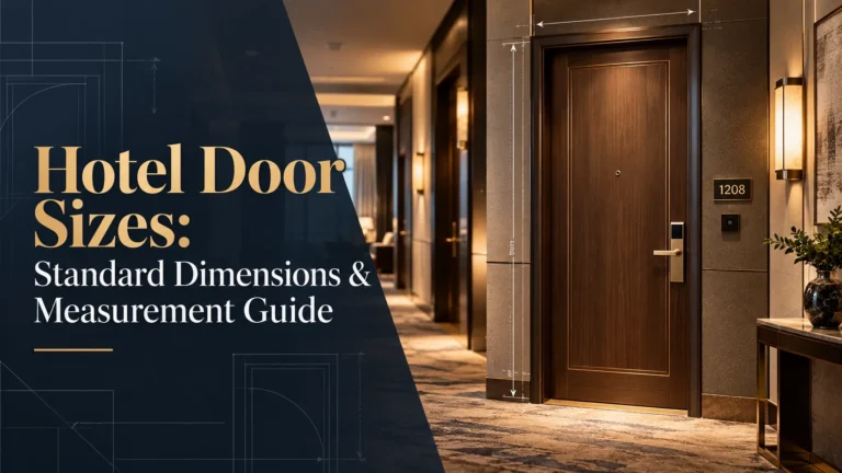 Cover image for Hotel Door Sizes: Standard Dimensions & Measurement Guide, showing a hotel corridor and guest room door with dimension markings.