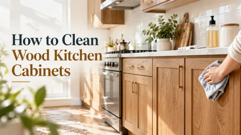 Person wiping natural oak kitchen cabinets with a microfiber cloth in a bright modern kitchen