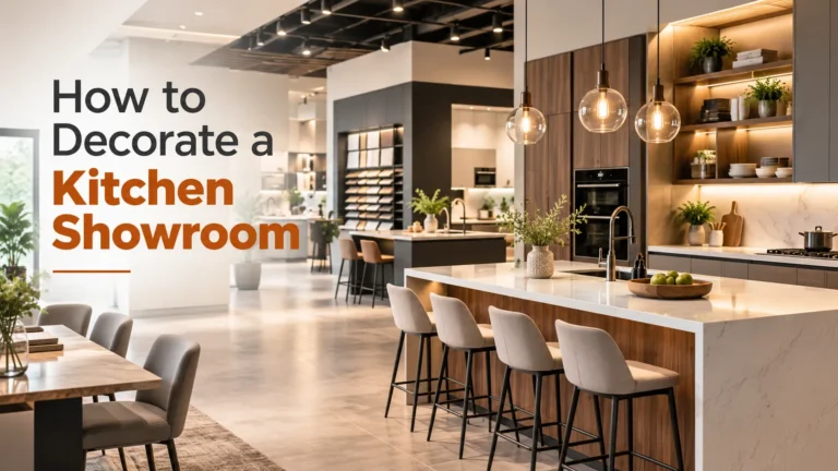 Modern kitchen showroom with wood cabinetry, marble-look islands, pendant lighting, and cabinet display areas.