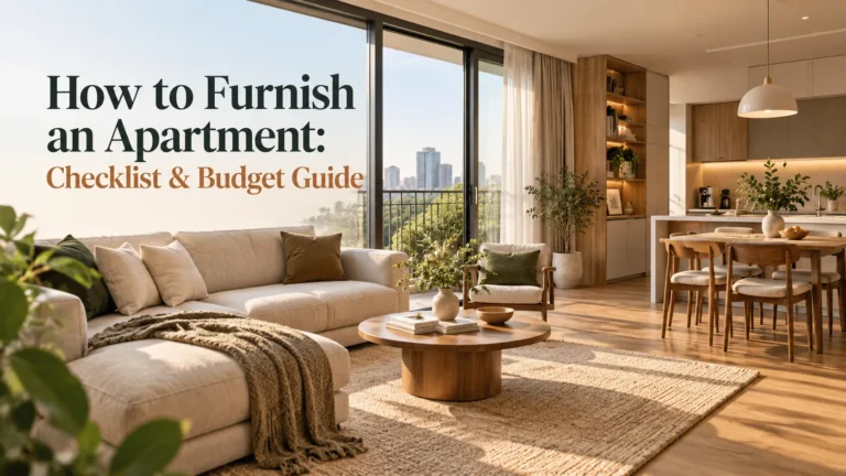 How to furnish an apartment: checklist and budget guide cover featuring a bright living room, dining area, and modern kitchen.