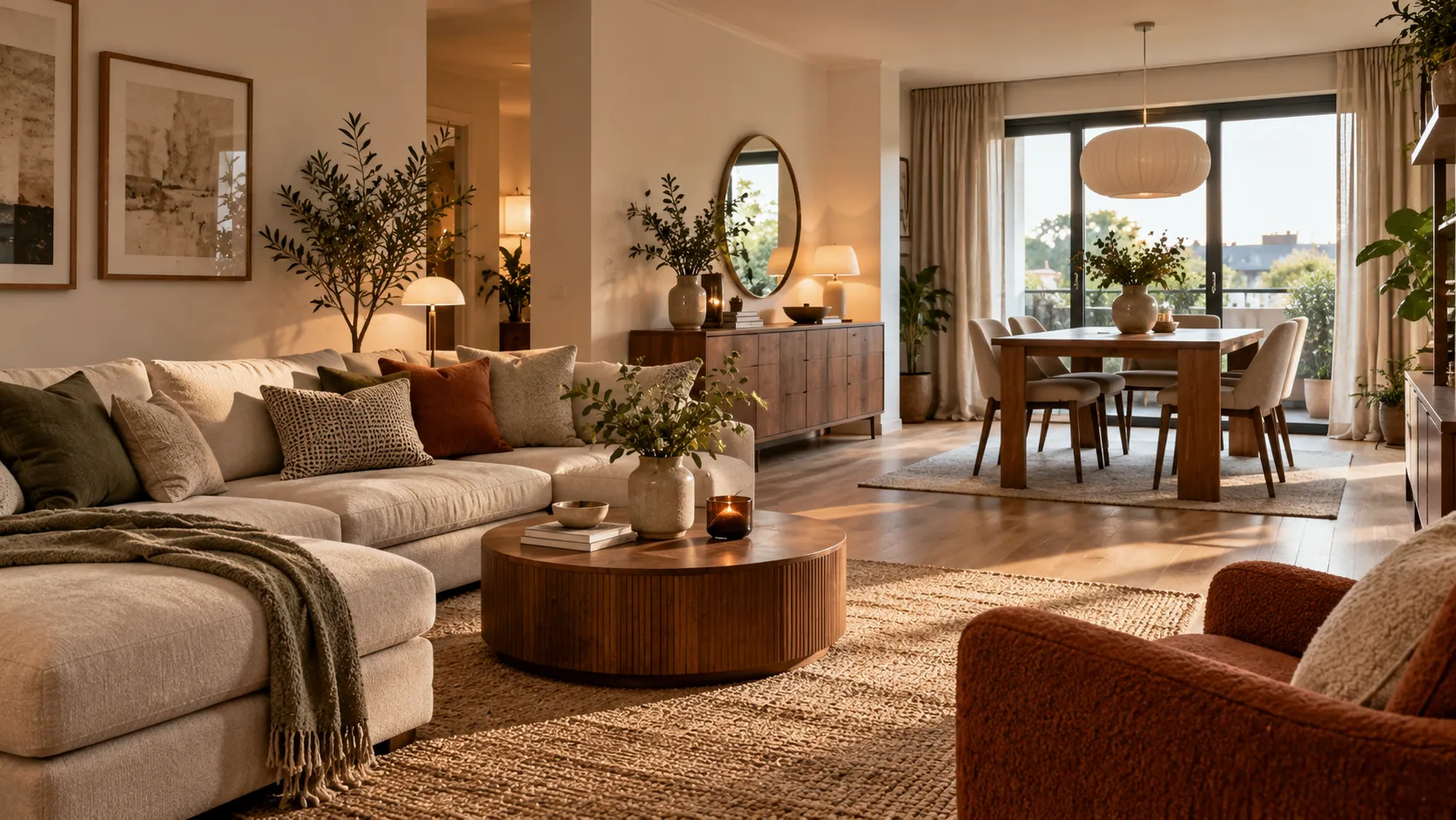How to furnish an apartment with a comfortable sofa, wooden dining table, storage cabinets, and a warm, open living space.