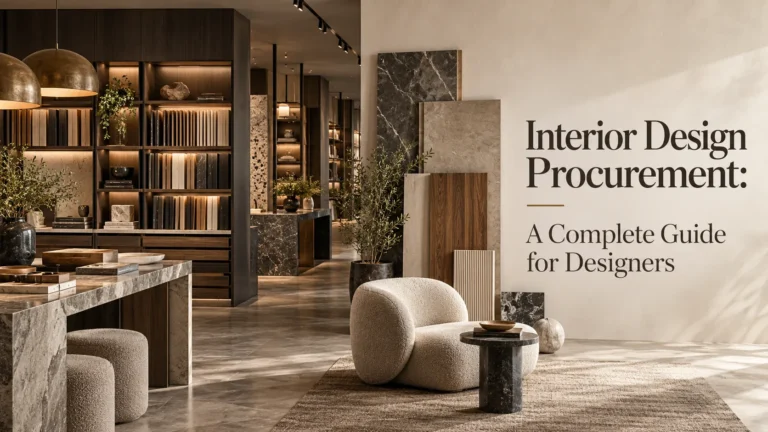 Interior design procurement guide cover featuring a luxury material showroom with custom cabinetry, wood samples, and stone finishes.