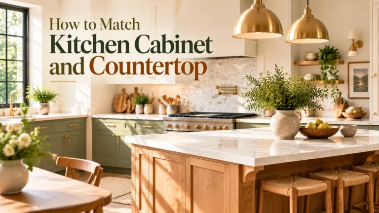 Olive green kitchen cabinets with a warm wood island and cream veined countertops