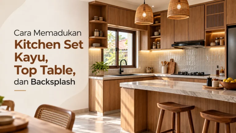 Kitchen set kayu warna cokelat natural dengan top table putih motif marmer dan backsplash keramik putih di dapur modern yang hangat.