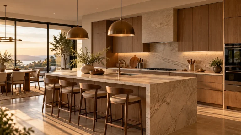 Warm modern kitchen with natural wood cabinetry and a large stone island