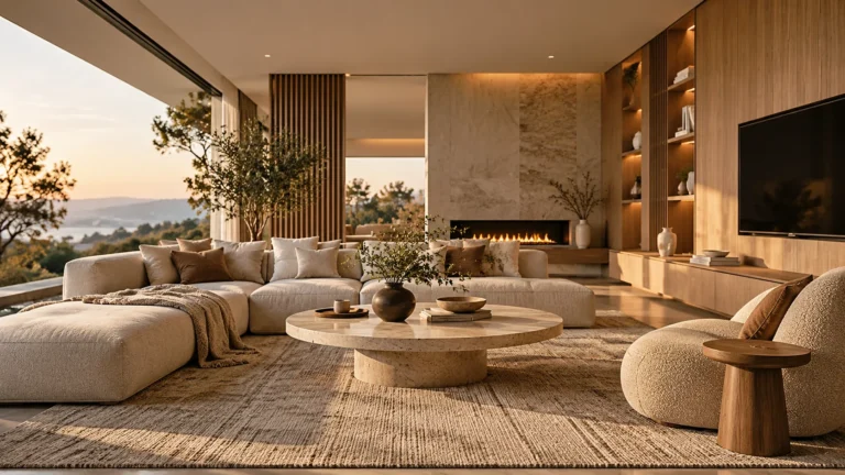 Warm modern living room with curved sofa, natural wood, stone fireplace, and layered lighting