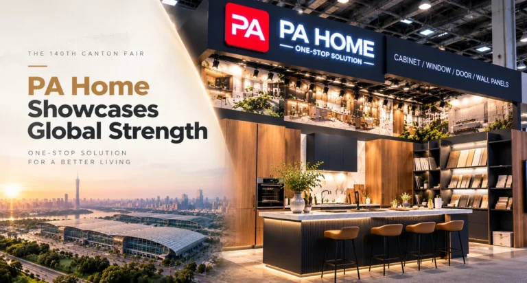Promotional cover featuring PA Home's branded exhibition booth, modern kitchen cabinetry, and the headline for the 140th Canton Fair.