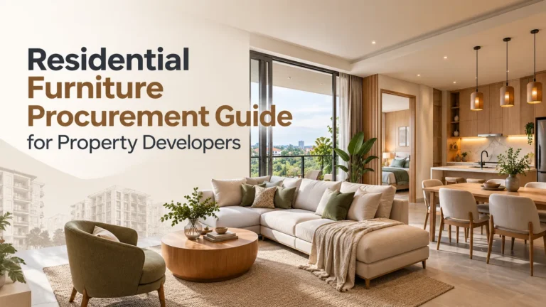 Residential furniture procurement guide for property developers featuring a modern furnished apartment with custom kitchen cabinetry.