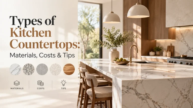 Modern kitchen with a marble-look countertop and warm wood cabinetry