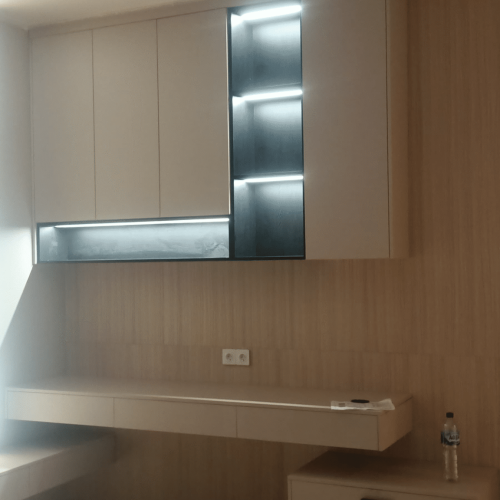 Custom bedroom storage and lighting in Indonesia Full House Customization project