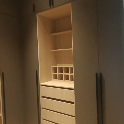Indonesia Full House Customization - Bedroom corner with custom shelving and built-in furniture.