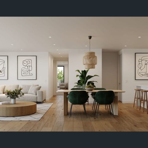 Australia Parkview Apartment Custom Cabinets Project living room with natural wood furniture and large windows offering outdoor views