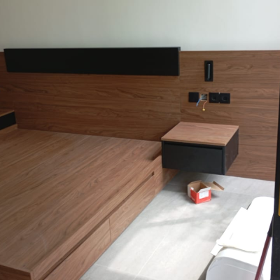 floating walnut bedside nightstand in Balinese villa full house custom bedroom