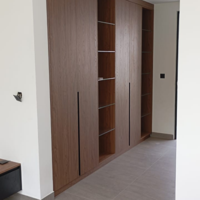 walnut built in wardrobe with open shelving, Balinese villa full house custom design