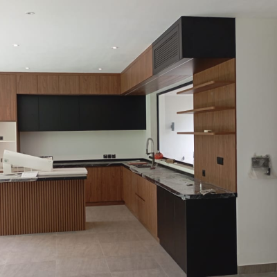 Balinese villa full house custom walnut and black kitchen cabinets with marble countertop and island
