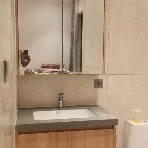 Bali project bathroom with a custom bathroom vanity featuring a clean and elegant design.