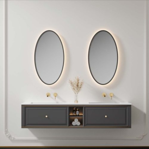 Solid wood bathroom vanity with two oval mirrors, gold fixtures, and a sleek, minimalist design.