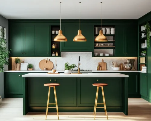 Dark Green Cabinets with White and Green Walls