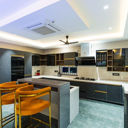 India Whole House Customization with modern kitchen cabinet and gold accents