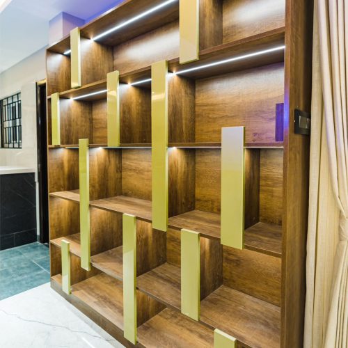 India Whole House Customization - Modern Pantry with Wooden Shelving and LED Lights
