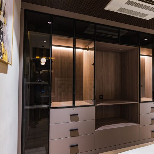India Whole House Customization - Elegant Wardrobe Design with Glass and Wood