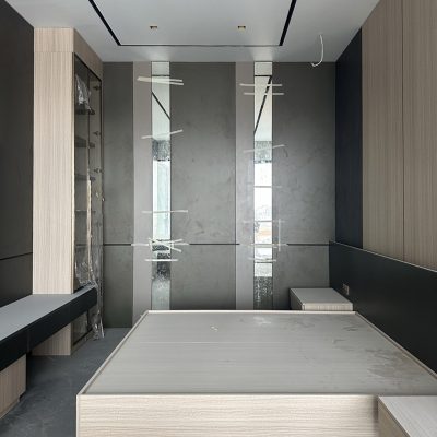 Close-up of a custom bedroom cabinet design featuring modern materials and finishes.