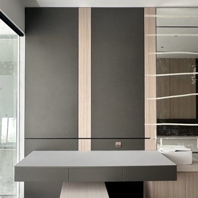 Indonesia Mirrored Room Custom Cabinets in a modern bedroom design with sleek custom furniture and mirrored surfaces.