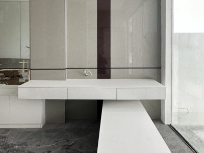 Indonesia Mirrored Room Custom Cabinets 8 Custom mirrored cabinets and minimalist shelving in an upscale bedroom with clean lines and contemporary design.