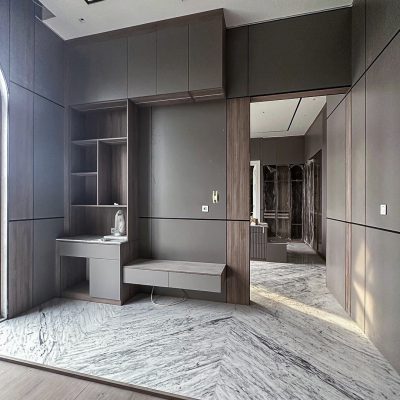 Indonesia Mirrored Room Custom Cabinets bedroom with modern design elements and sleek furniture.