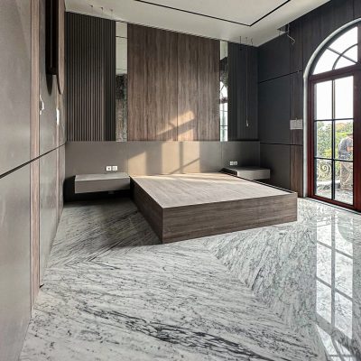 Walk-in closet with mirrored elements and modern shelving from Indonesia Mirrored Room Custom Cabinets.