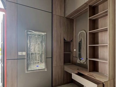 Indonesia Mirrored Room Custom Cabinets 12 Spacious walk-in closet with contemporary design and minimalist shelving, part of Indonesia Mirrored Room Custom Cabinets.