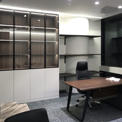 office cabinet with glass-front doors and LED shelf lighting in Indonesian corporate workspace