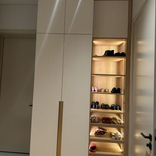 Kenya whole house custom shoe cabinet with LED‑lit cubbies