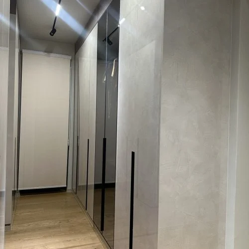 glass panel wardrobe with black trim