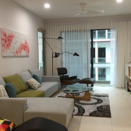 Floating white TV cabinet with grey back panel and integrated storage in living room
