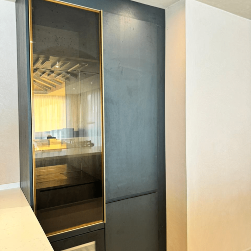 glass front pantry cabinet with built in wine fridge and storage shelves
