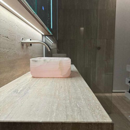 Melbourne's high-end whole house customization bathroom vanity with stone countertop and ambient lighting
