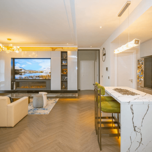 Mongolia Whole House Custom living room and kitchen area with open-plan design