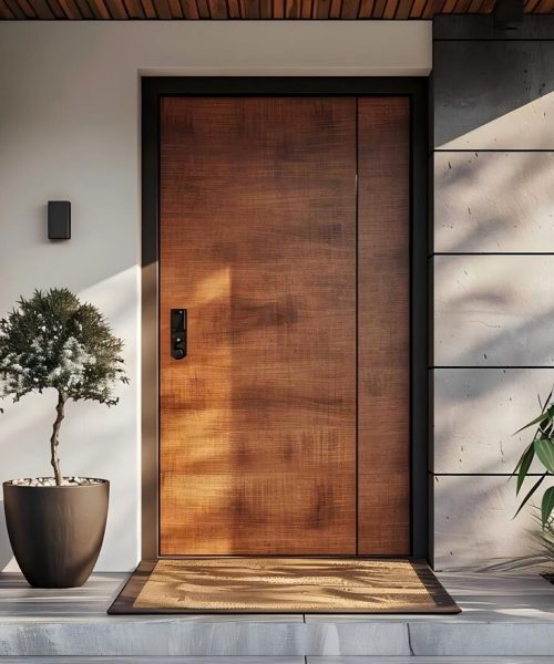 Stainless Steel Entry Door 2 Wooden entry door with aluminum frame, offering a rich texture and modern design