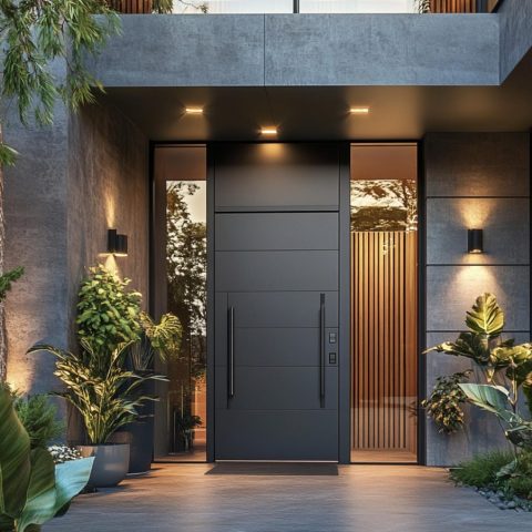 RFM Series entry-door-2 Black aluminum entry door with horizontal panel design and modern handles