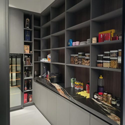 Singapore full house custom walk in pantry cabinets with open shelving storing glass jars and appliances