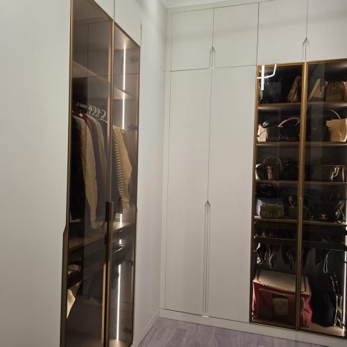 Singapore full house custom glass door wardrobe with built-in LED lighting and handbag display