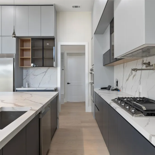 Texas Luxury full house custom in America 6 custom kitchen cabinet layout with marble waterfall island and stainless steel appliances