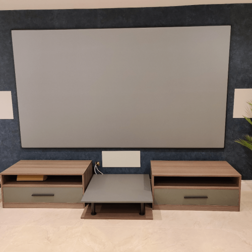 UK custom tv unit with walnut storage modules and gray media shelf