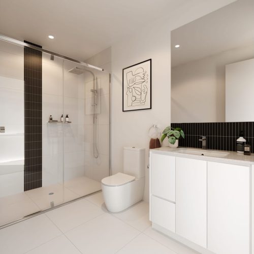 Melbourne Parkview Apartment Custom Cabinets Project minimalist bathroom with custom white vanity and black tile backsplash