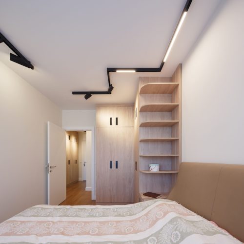 Bedroom with a modern ceiling light fixture and simple decor in the Zemun stan apartment project.