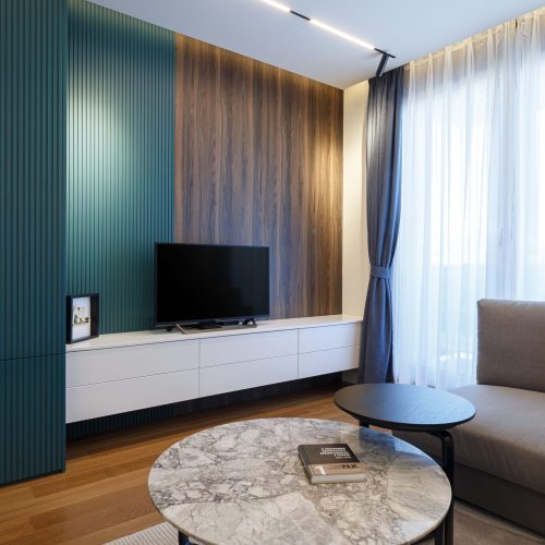 Zemun stan apartment living room with TV area, custom storage, and modern furniture.
