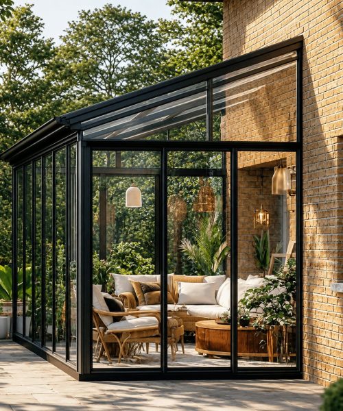 Modern black aluminium sunroom with glass walls and a sloped glass roof attached to a brick house.