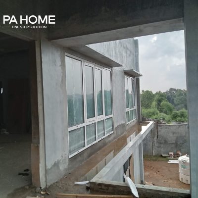 White Aluminum Windows Installation for Luxury Villa in Bogor 5 Wide view of a white aluminum window installed in the villa in Bogor, Indonesia, complementing the modern exterior design.