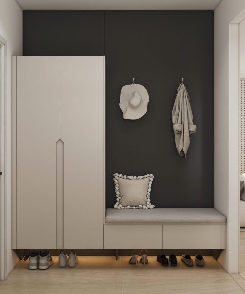 Lemari sepatu khusus untuk area pintu masuk, dilengkapi penyimpanan setinggi penuh, bangku empuk terintegrasi, gantungan mantel, penyimpanan sepatu di bagian bawah, dan desain dinding modern berwarna krem ​​dan gelap.
